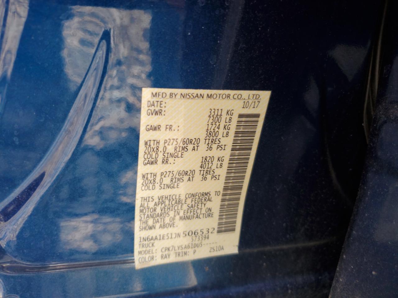 2018 Nissan Titan Sv VIN: 1N6AA1E51JN506532 Lot: 62223135