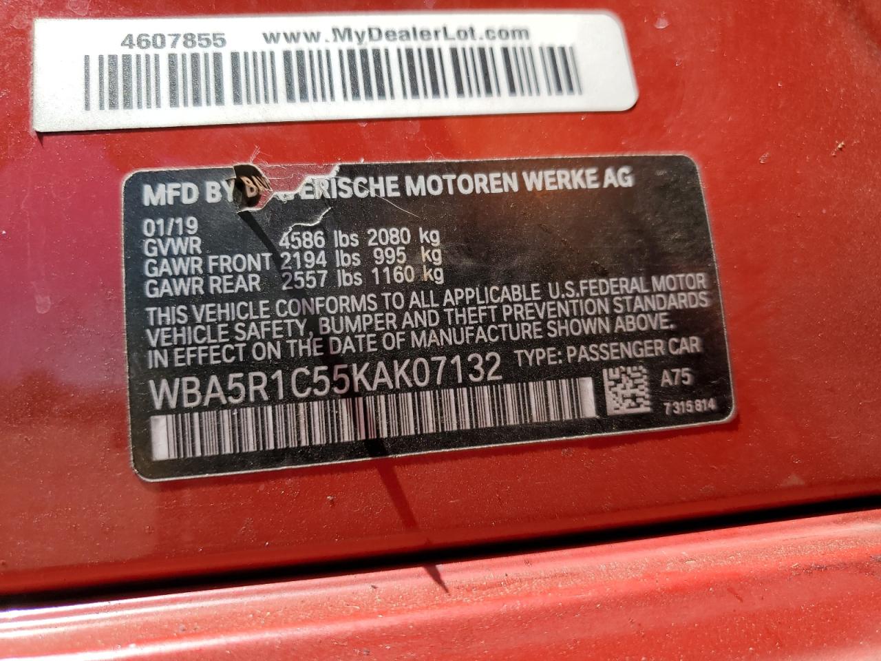 BMW 3 SERIES 2019 VIN WBA5R1C55KAK07132 фото 12