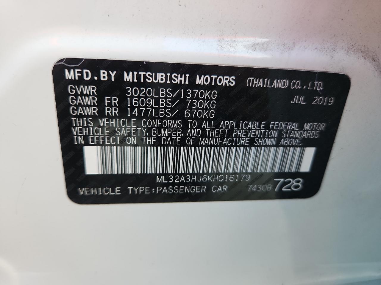 2019 Mitsubishi Mirage Es VIN: ML32A3HJ6KH016179 Lot: 62824755