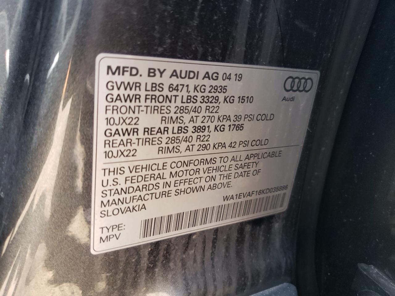 2019 Audi Q8 Premium Plus S-Line VIN: WA1EVAF16KD035886 Lot: 61876945