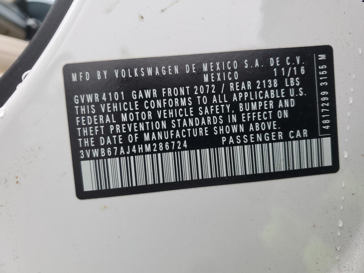 2017 Volkswagen Jetta Se VIN: 3VWB67AJ4HM286724 Lot: 60490785