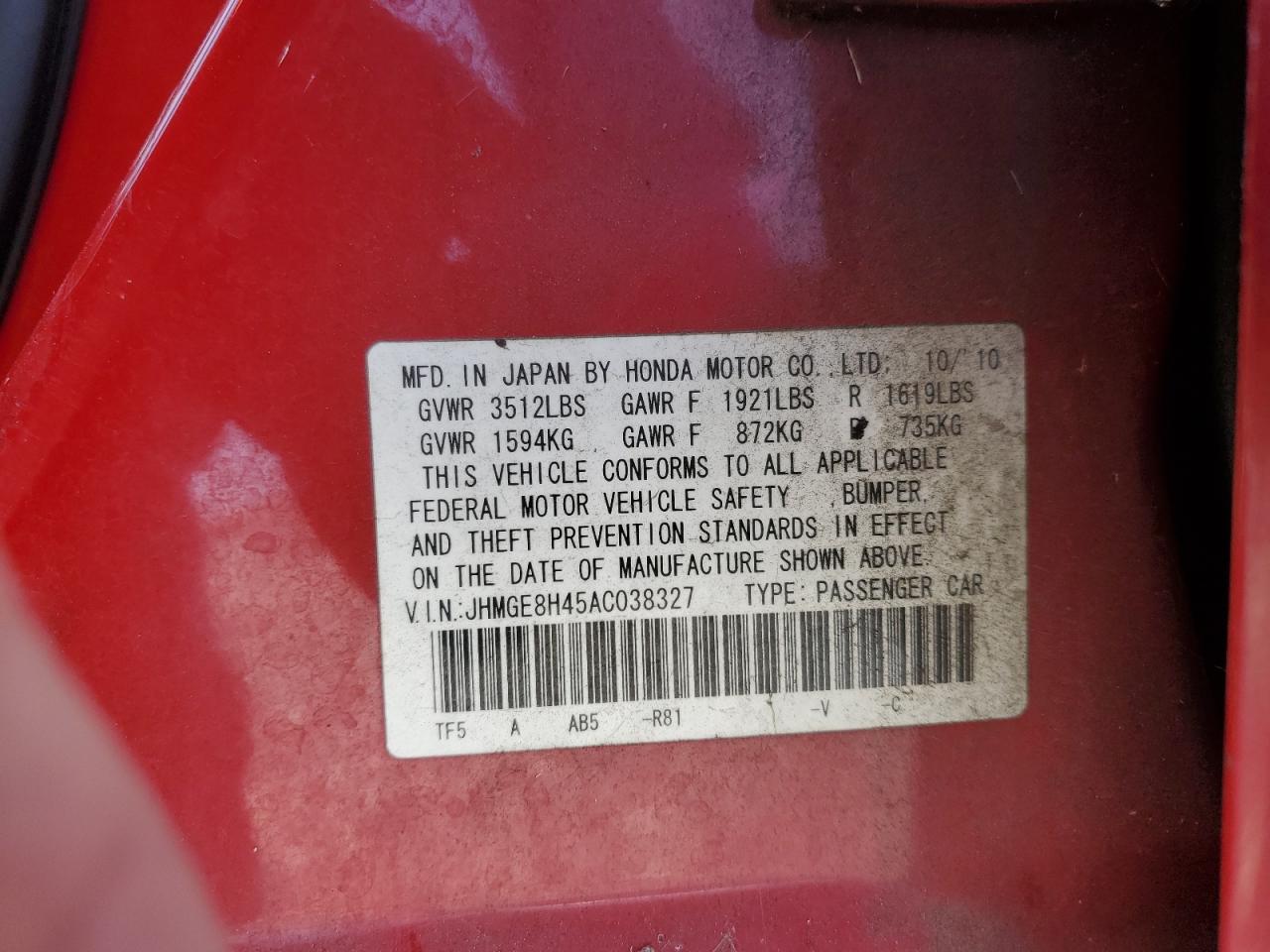 2010 Honda Fit Sport VIN: JHMGE8H45AC038327 Lot: 61272615