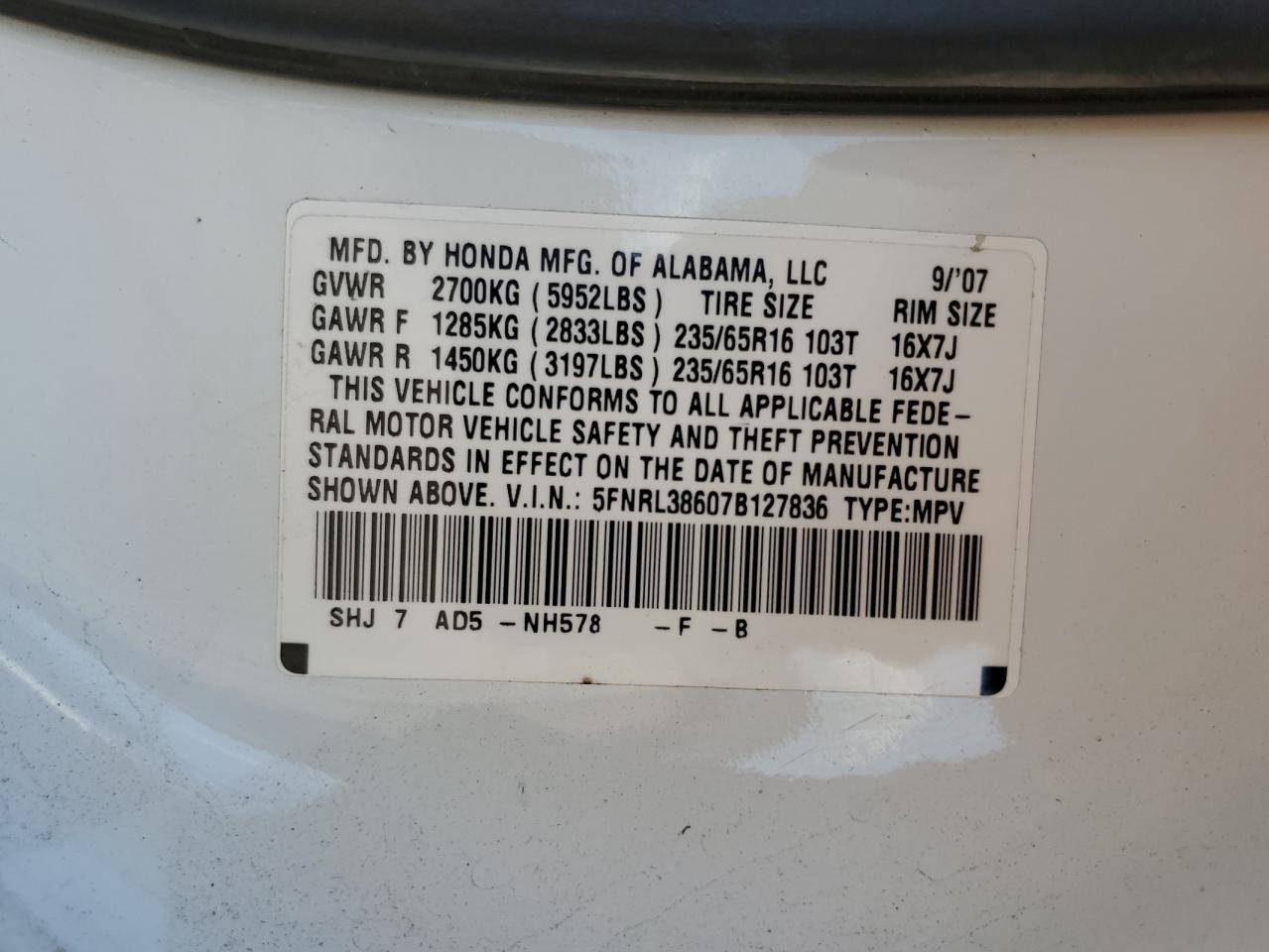 2007 Honda Odyssey Exl VIN: 5FNRL38607B127836 Lot: 61858225