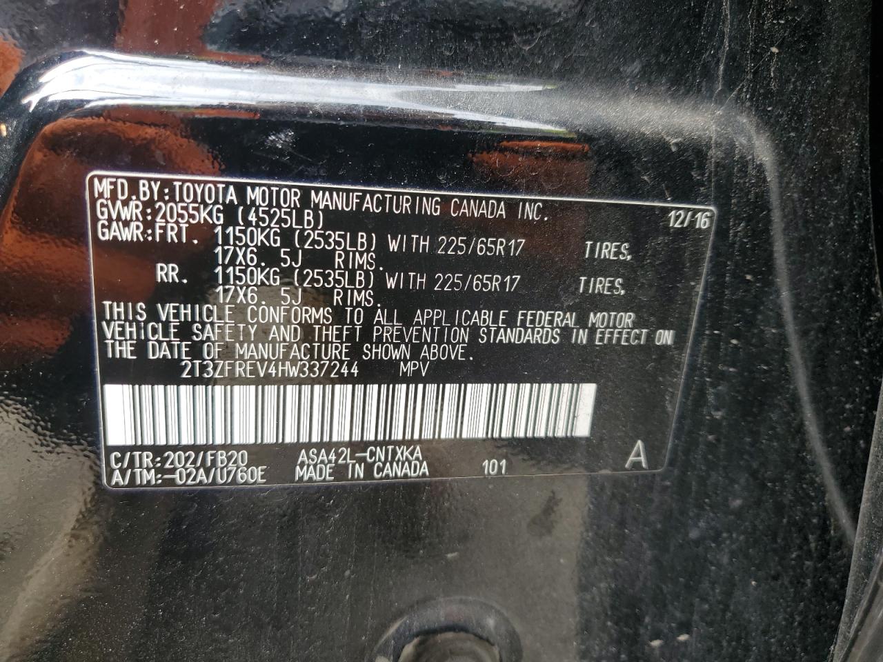 2017 Toyota Rav4 Le VIN: 2T3ZFREV4HW337244 Lot: 62343075