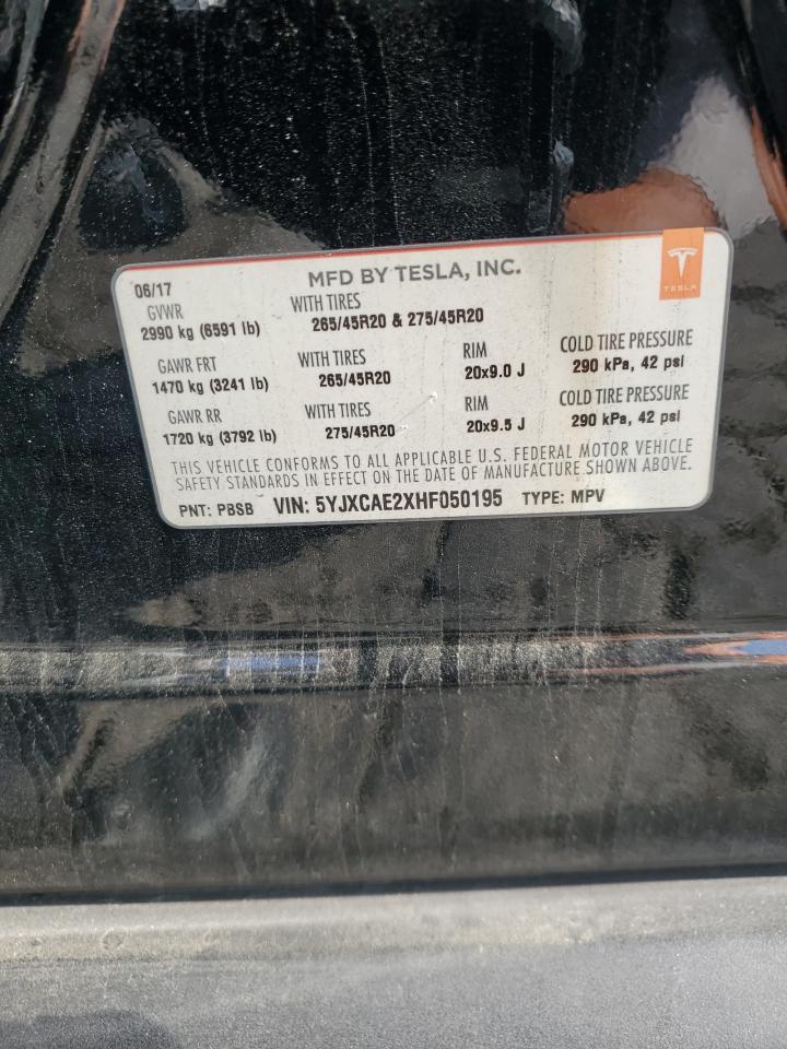 2017 Tesla Model X VIN: 5YJXCAE2XHF050195 Lot: 59854585