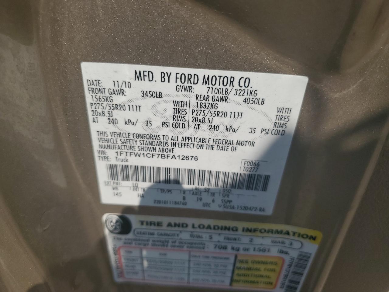 2011 Ford F150 Supercrew VIN: 1FTFW1CF7BFA12676 Lot: 62115725