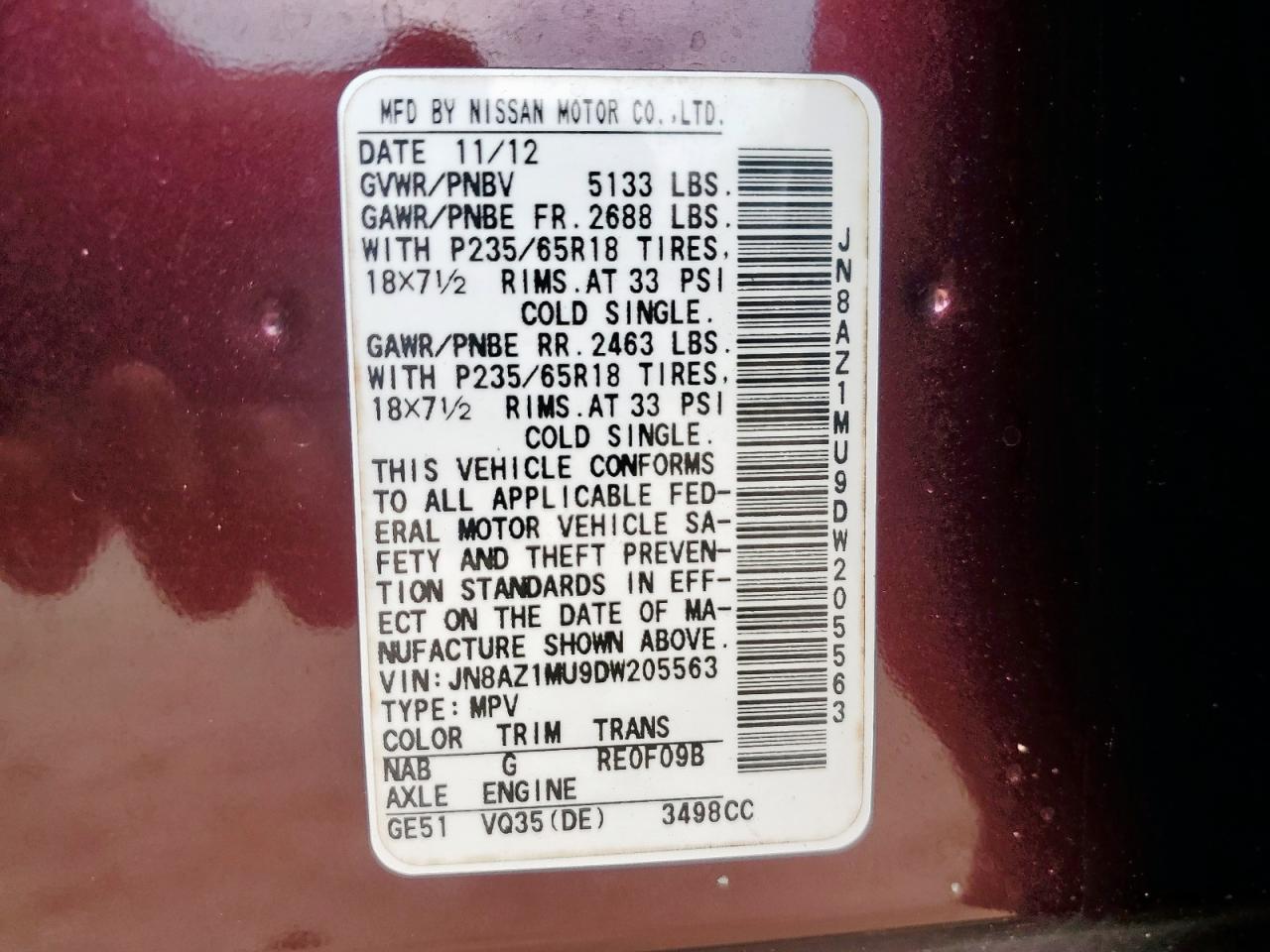 2013 Nissan Murano S VIN: JN8AZ1MU9DW205563 Lot: 60833815