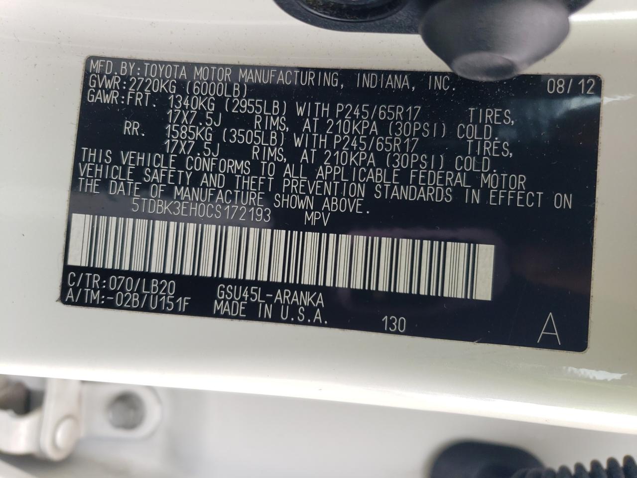 2012 Toyota Highlander Base VIN: 5TDBK3EH0CS172193 Lot: 60759015