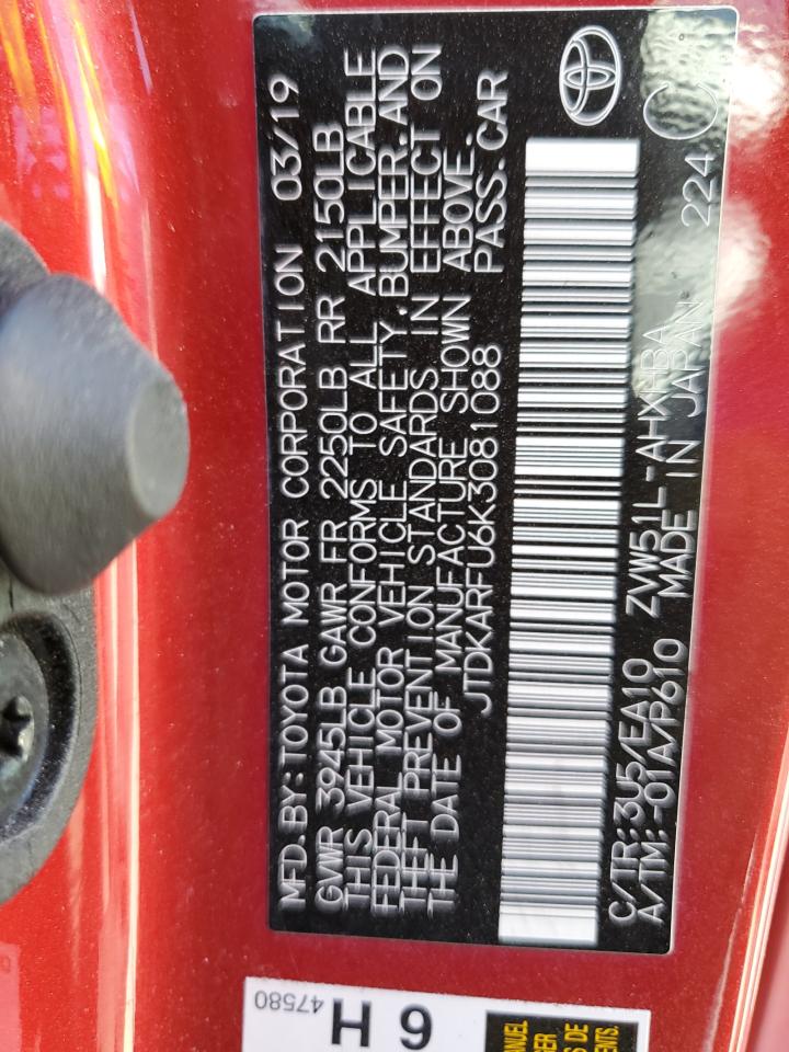 2019 Toyota Prius VIN: JTDKARFU6K3081088 Lot: 61359265
