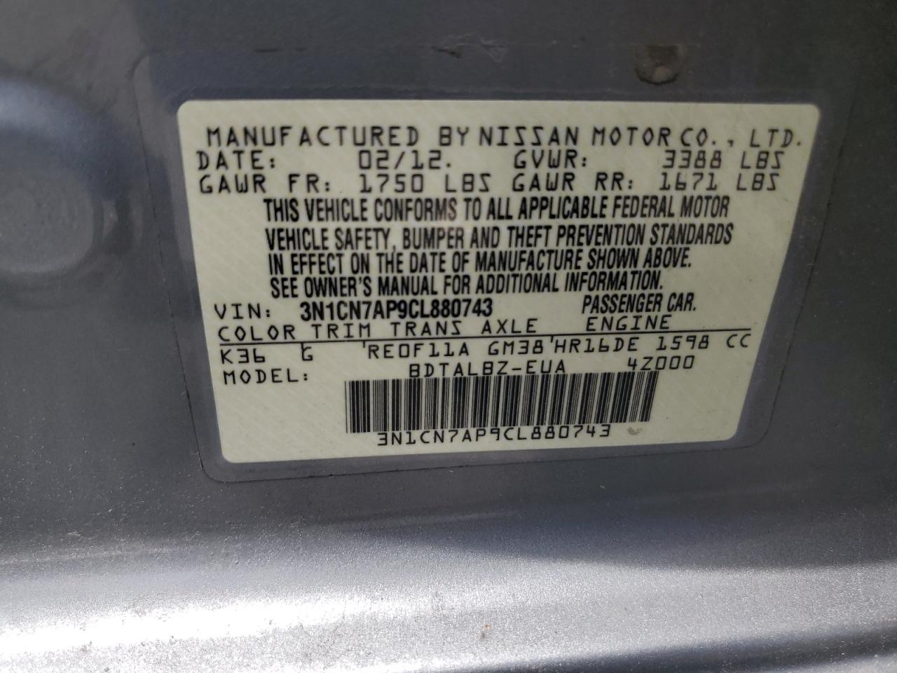 2012 Nissan Versa S VIN: 3N1CN7AP9CL880743 Lot: 62573435