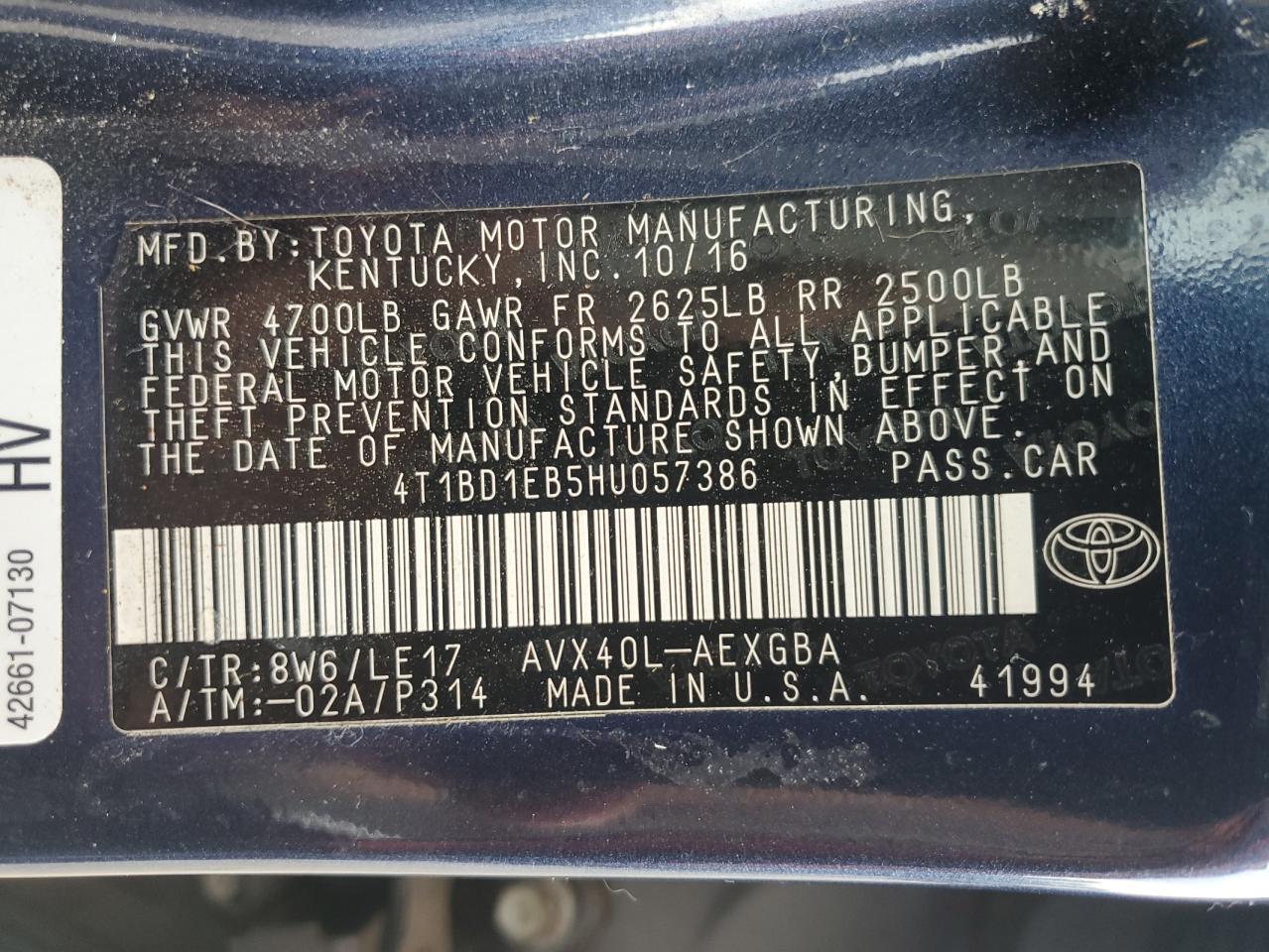 2017 Toyota Avalon Hybrid VIN: 4T1BD1EB5HU057386 Lot: 61855475