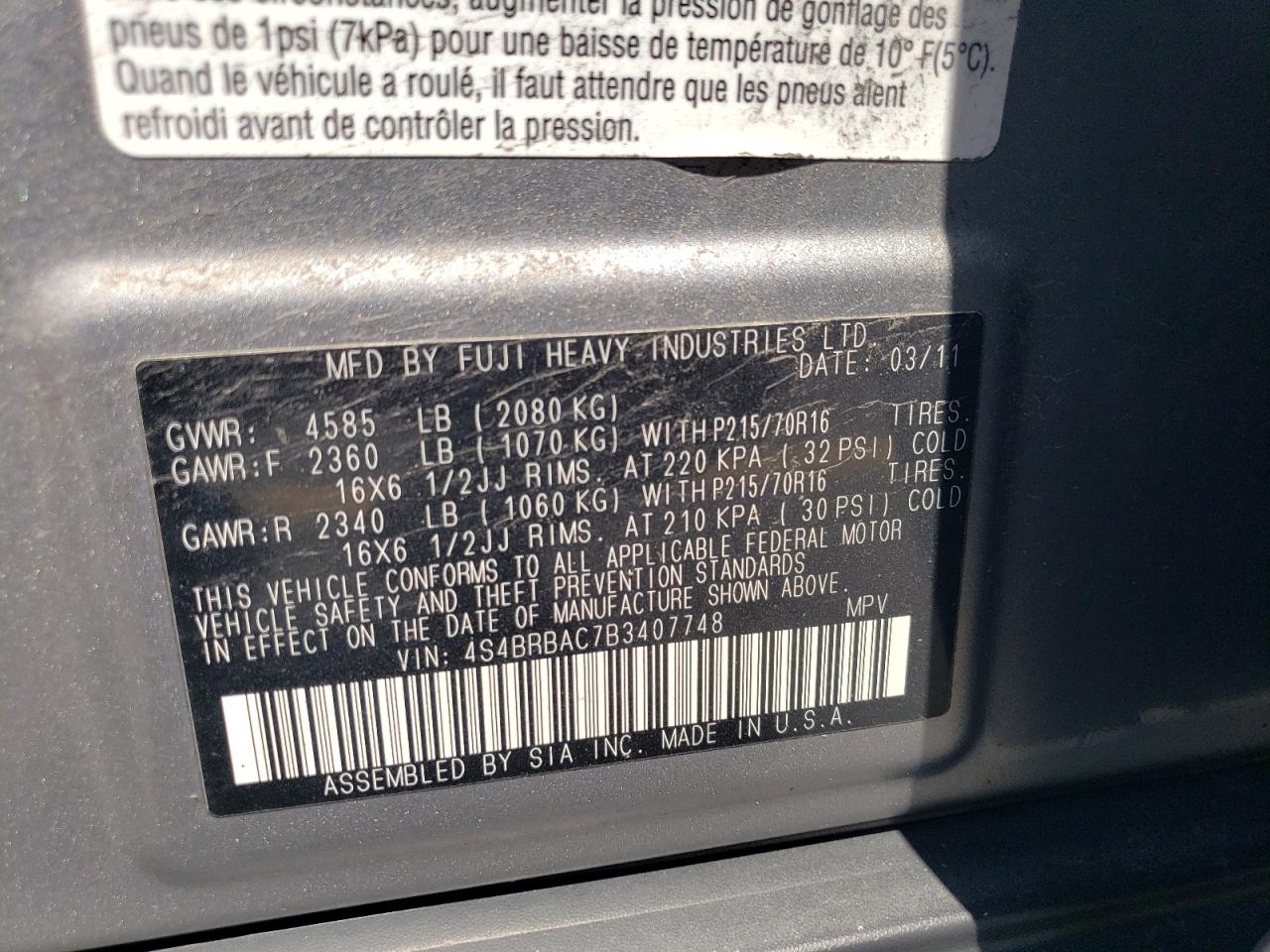 2011 Subaru Outback 2.5I VIN: 4S4BRBAC7B3407748 Lot: 61662745