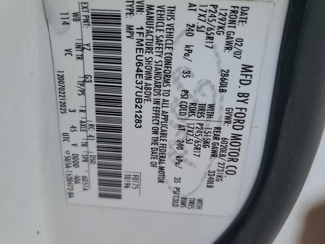 2007 Ford Explorer Eddie Bauer VIN: 1FMEU64E37UB21283 Lot: 58893965