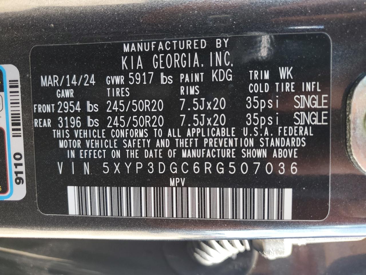 2024 Kia Telluride Ex VIN: 5XYP3DGC6RG507036 Lot: 61610105