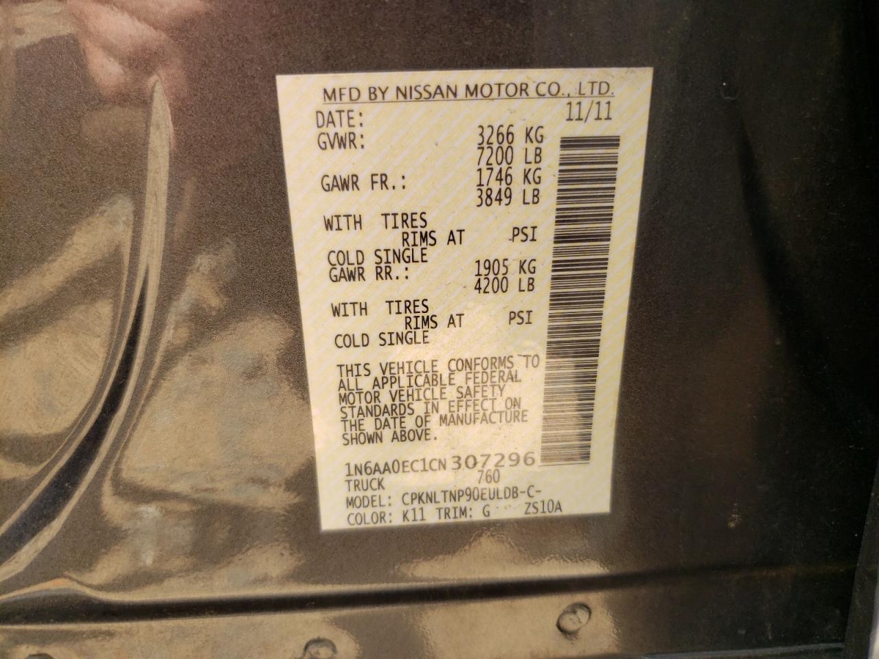 2012 Nissan Titan S VIN: 1N6AA0EC1CN307296 Lot: 61336435