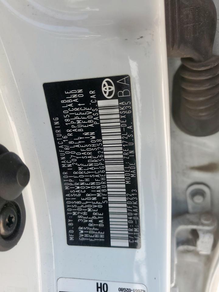 2016 Toyota Corolla L VIN: 5YFBURHE6GP562258 Lot: 61564865