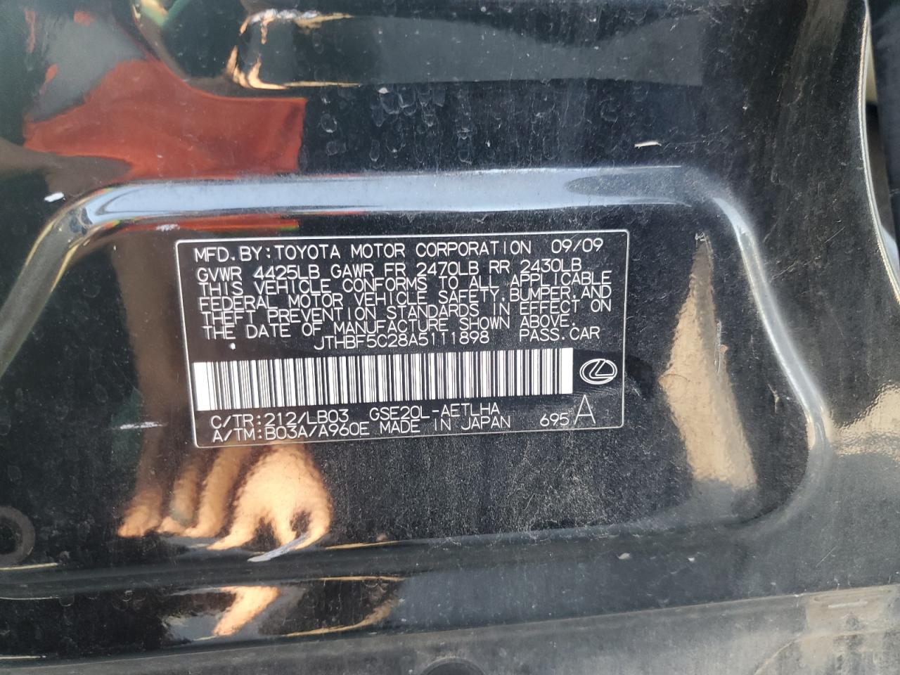 2010 Lexus Is 250 VIN: JTHBF5C28A5111898 Lot: 62731095