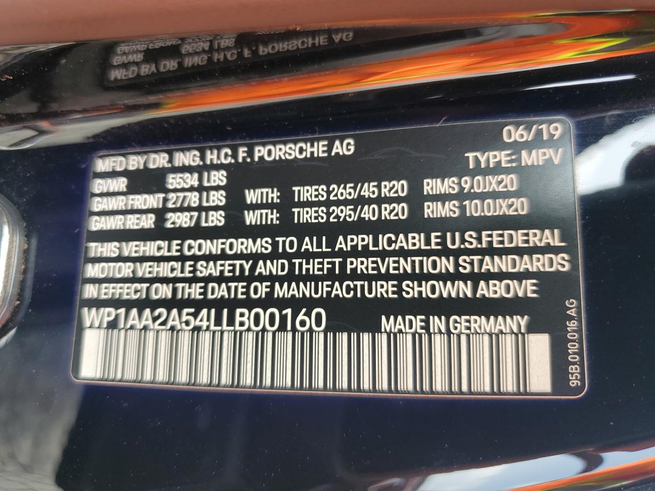2020 Porsche Macan VIN: WP1AA2A54LLB00160 Lot: 58849615