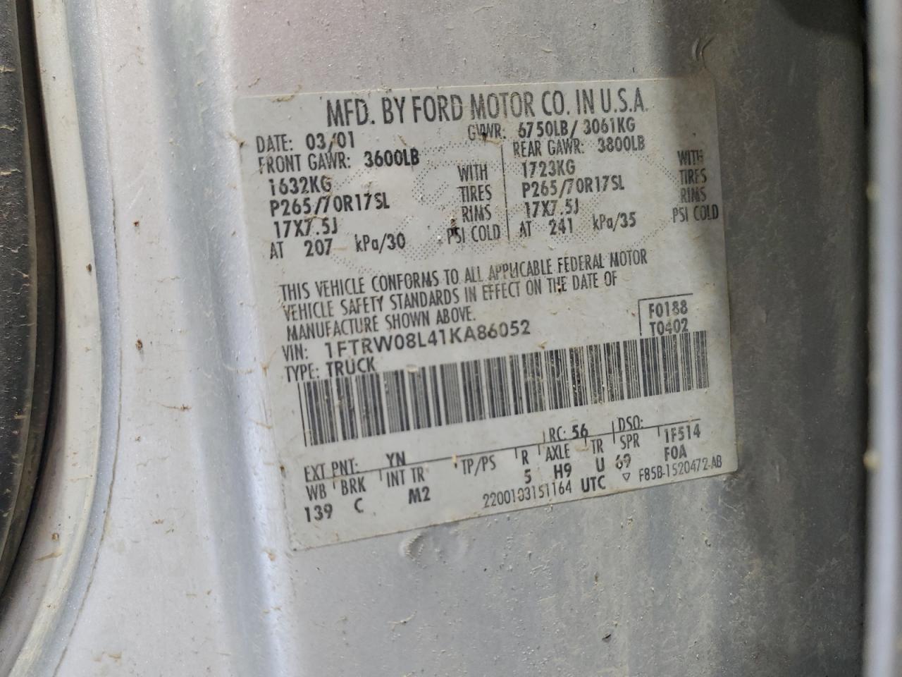 2001 Ford F150 Supercrew VIN: 1FTRW08L41KA86052 Lot: 61306995