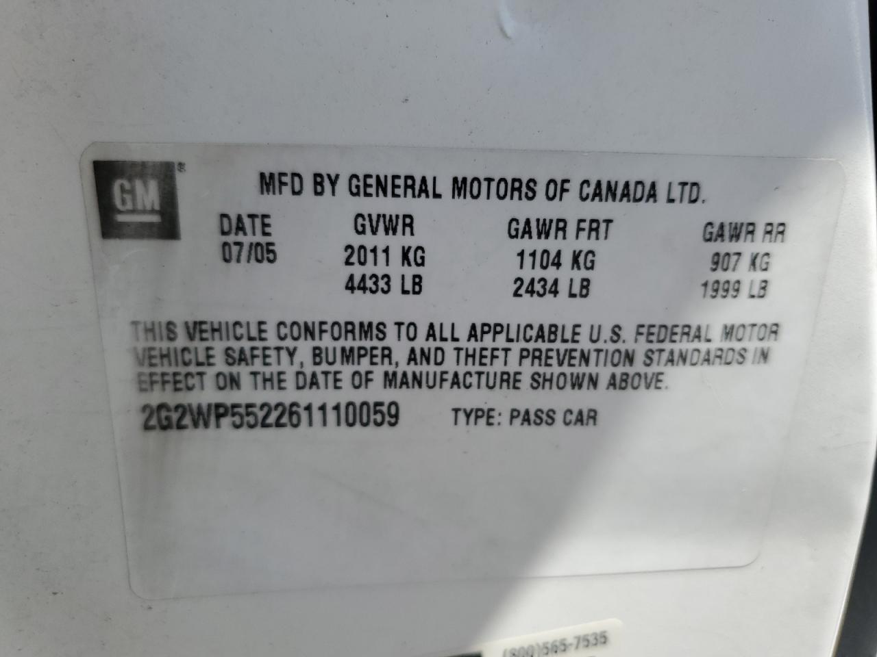 2006 Pontiac Grand Prix VIN: 2G2WP552261110059 Lot: 62818355