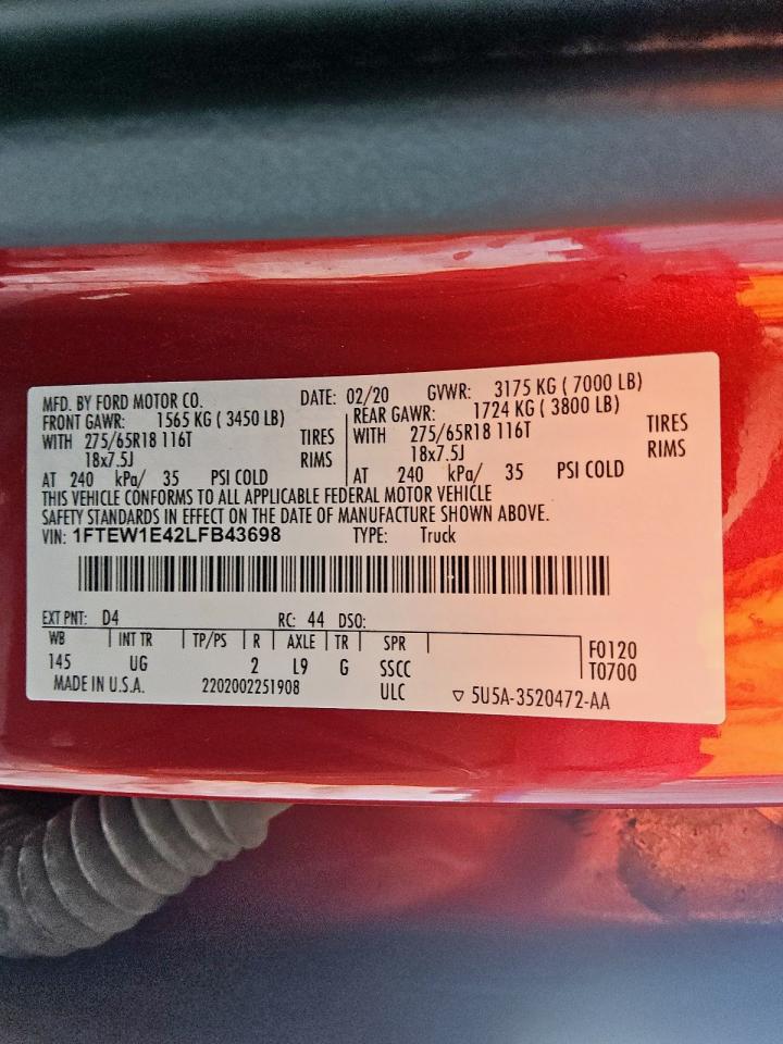 2020 Ford F150 Supercrew VIN: 1FTEW1E42LFB43698 Lot: 61977065