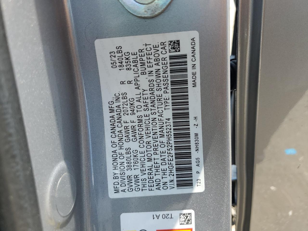 HONDA CIVIC 2023 VIN 2HGFE2F52PH552374 photo 12