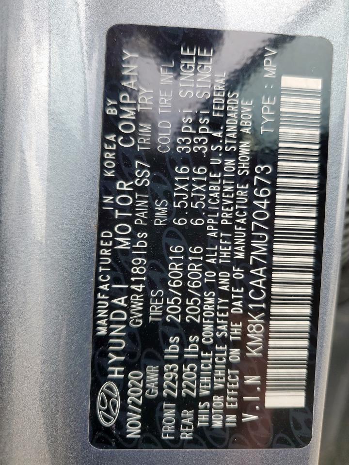 2021 Hyundai Kona Se VIN: KM8K1CAA7MU704673 Lot: 60914965