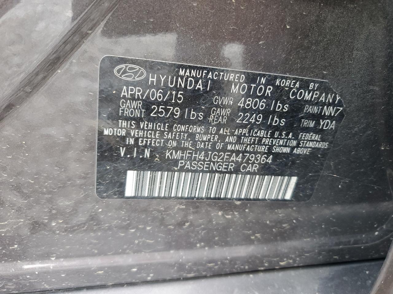 2015 Hyundai Azera Limited VIN: KMHFH4JG2FA479364 Lot: 60598665