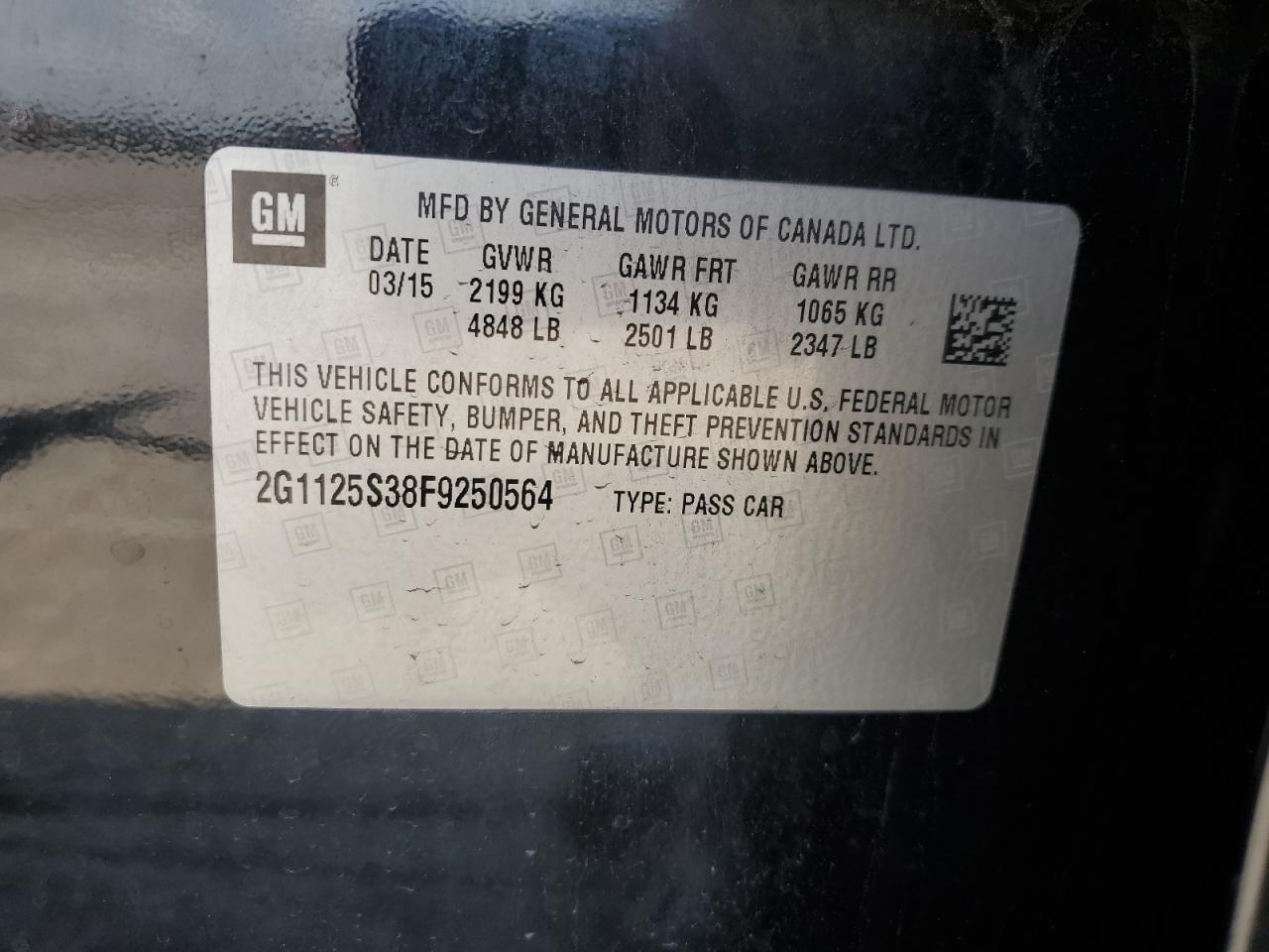 2015 Chevrolet Impala Lt VIN: 2G1125S38F9250564 Lot: 62516605