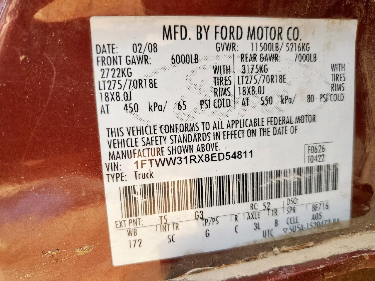 2008 Ford F350 Srw Super Duty VIN: 1FTWW31RX8ED54811 Lot: 61663315