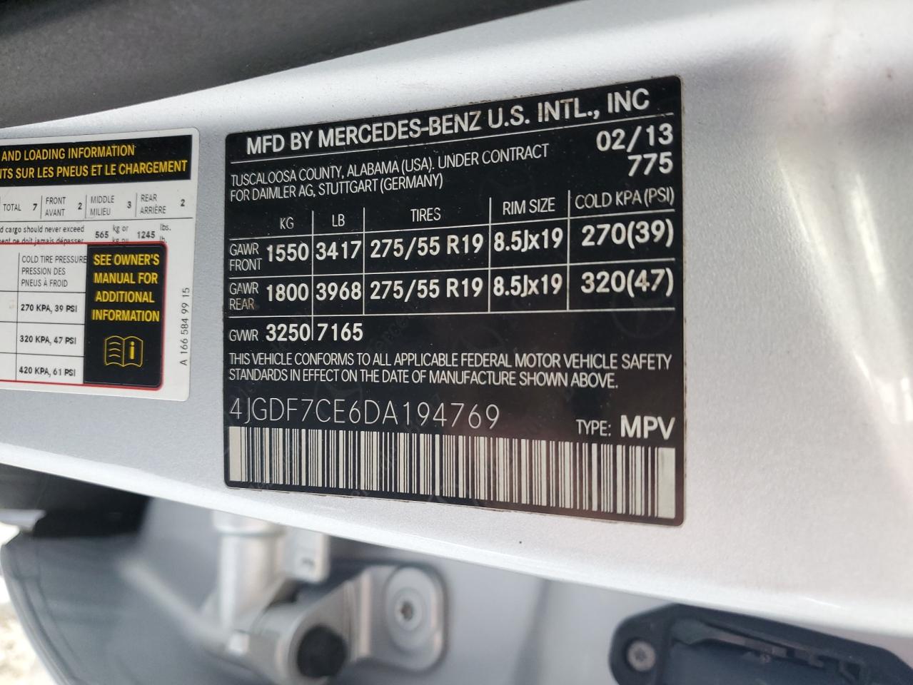 2013 Mercedes-Benz Gl 450 4Matic VIN: 4JGDF7CE6DA194769 Lot: 61554605
