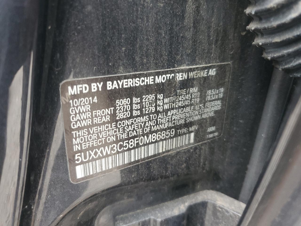 2015 BMW X4 xDrive28I VIN: 5UXXW3C58F0M86859 Lot: 62556865