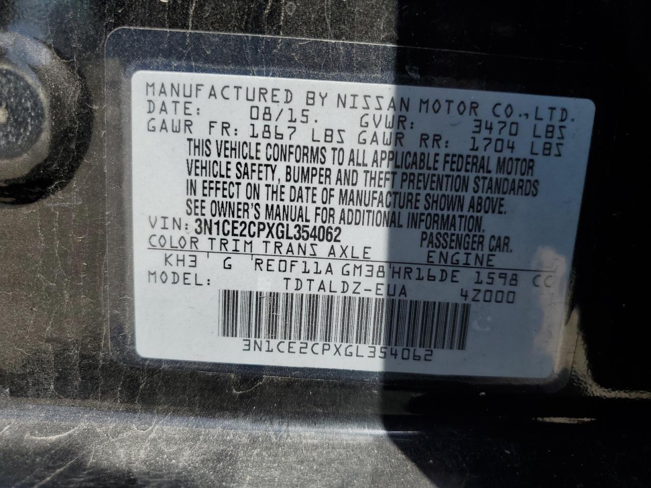 2016 Nissan Versa Note S VIN: 3N1CE2CPXGL354062 Lot: 62427565