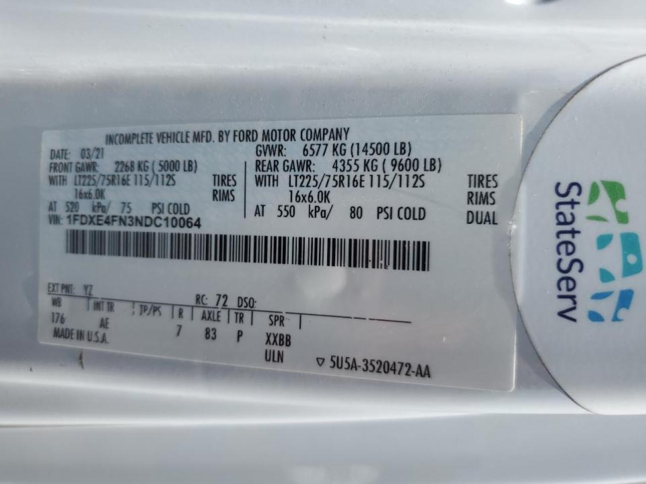 2022 Ford Econoline E450 Super Duty Cutaway Van VIN: 1FDXE4FN3NDC10064 Lot: 62122315