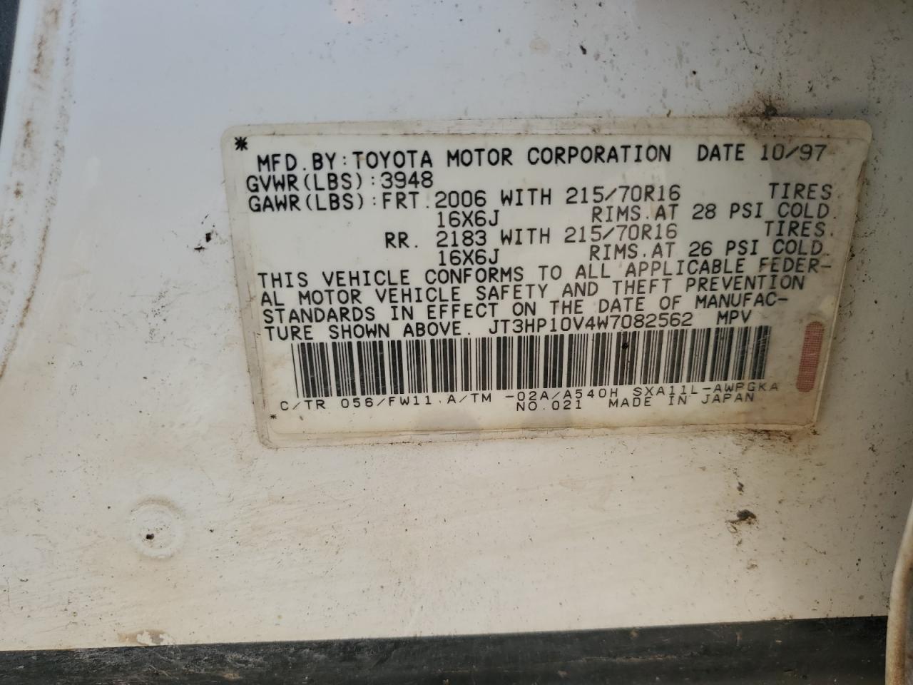 1998 Toyota Rav4 VIN: JT3HP10V4W7082562 Lot: 63044845