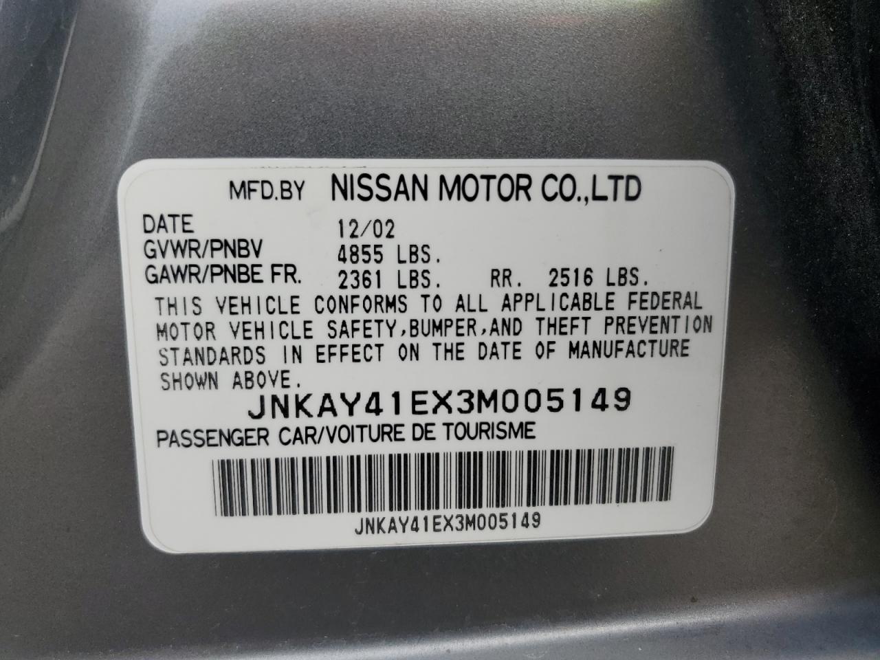 2003 Infiniti M45 VIN: JNKAY41EX3M005149 Lot: 60401375