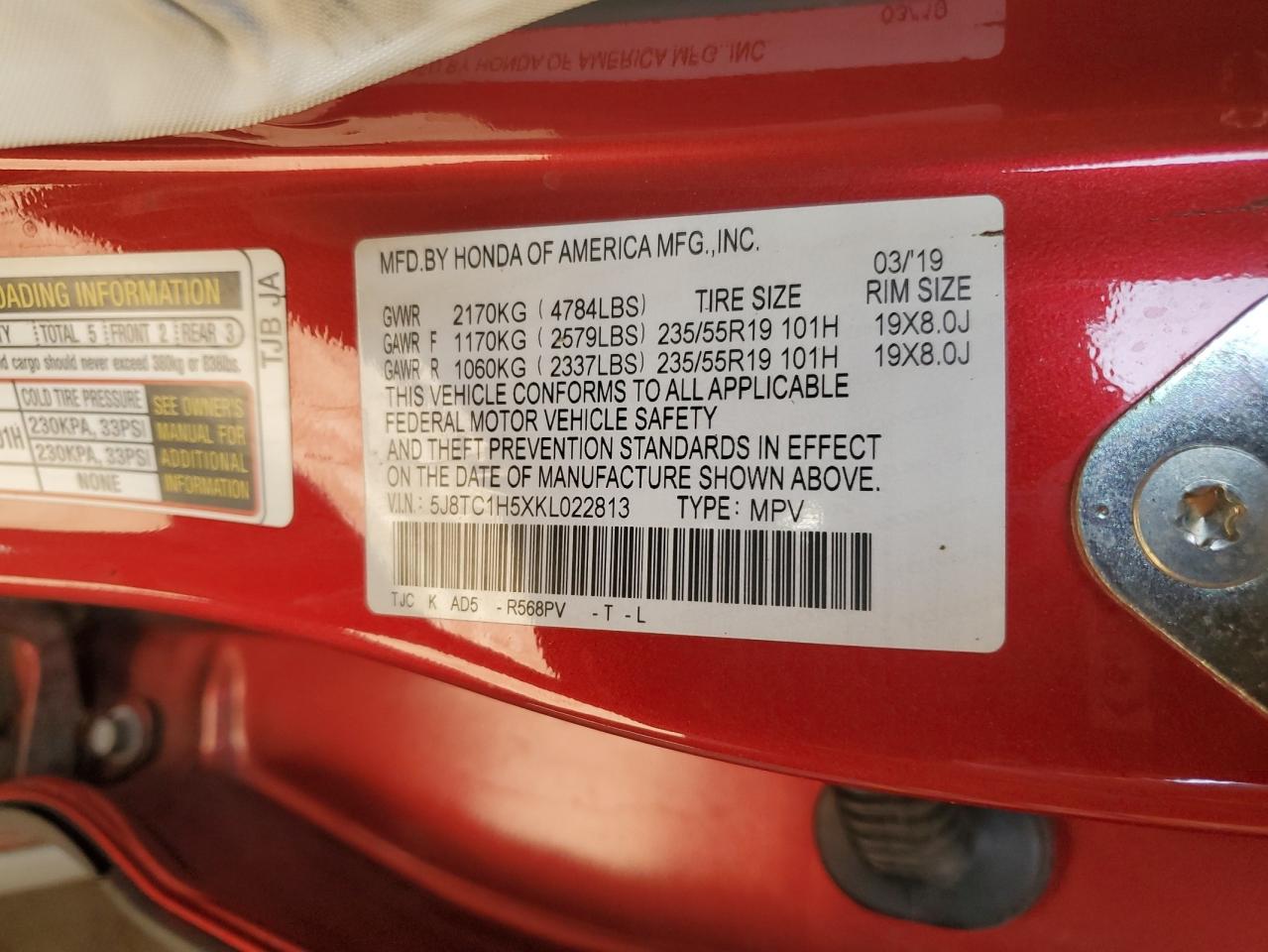 2019 Acura Rdx Technology VIN: 5J8TC1H5XKL022813 Lot: 61309995