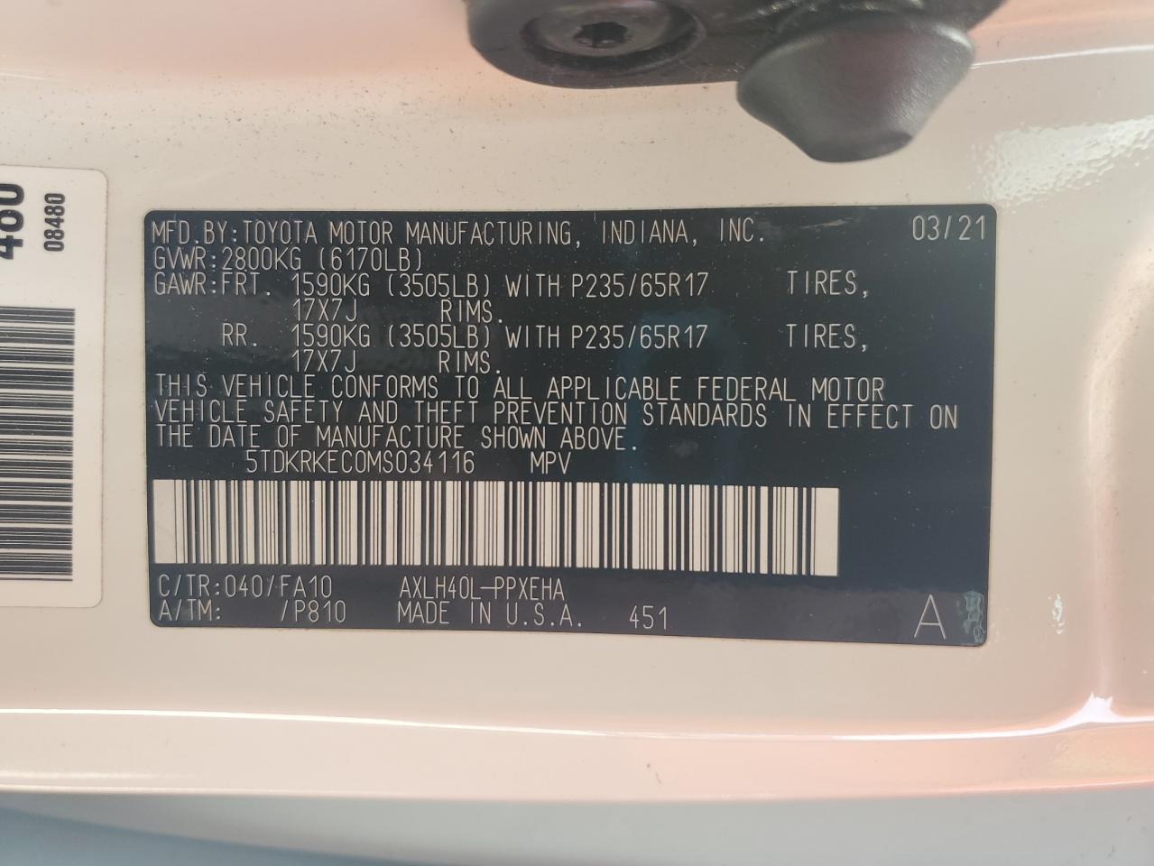 2021 Toyota Sienna Le VIN: 5TDKRKEC0MS034116 Lot: 60119165