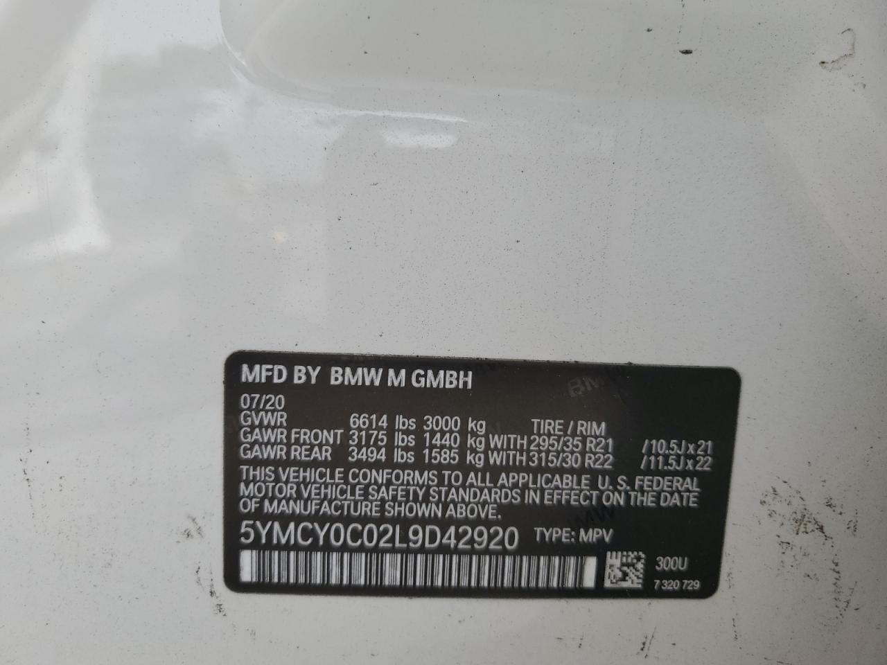 2020 BMW X6 M VIN: 5YMCY0C02L9D42920 Lot: 59569195