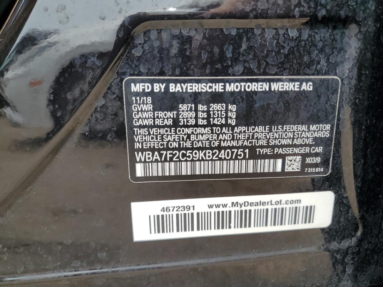 2019 BMW 750 Xi VIN: WBA7F2C59KB240751 Lot: 61920075