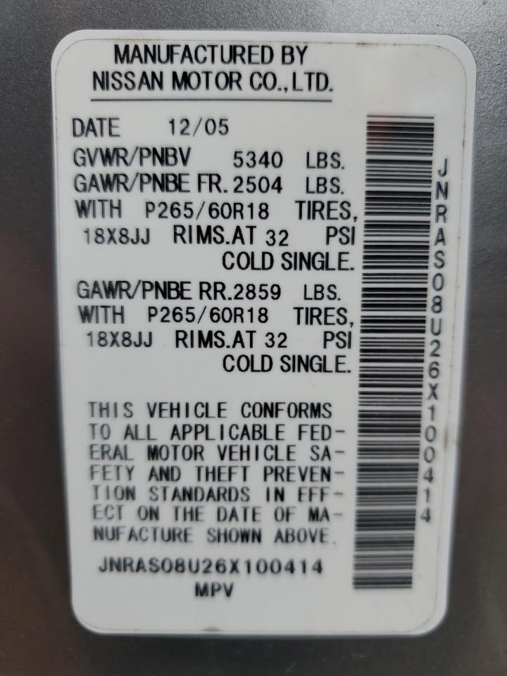 2006 Infiniti Fx35 VIN: JNRAS08U26X100414 Lot: 62608975