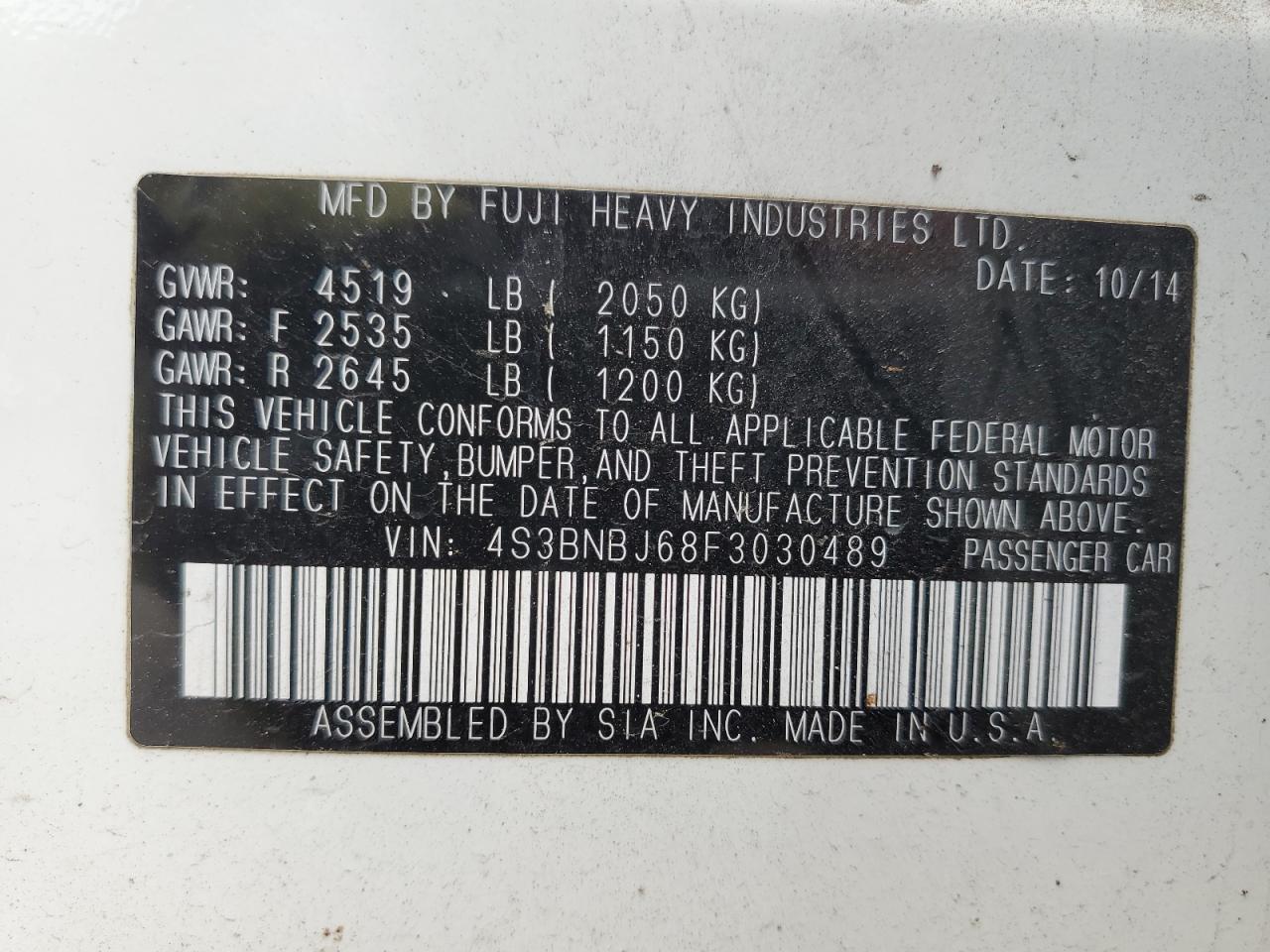 2015 Subaru Legacy 2.5I Limited VIN: 4S3BNBJ68F3030489 Lot: 60070555