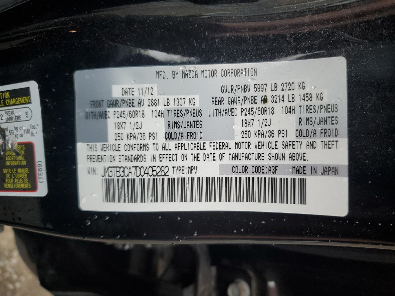 2013 Mazda Cx-9 Touring VIN: JM3TB3CA7D0405282 Lot: 61434845