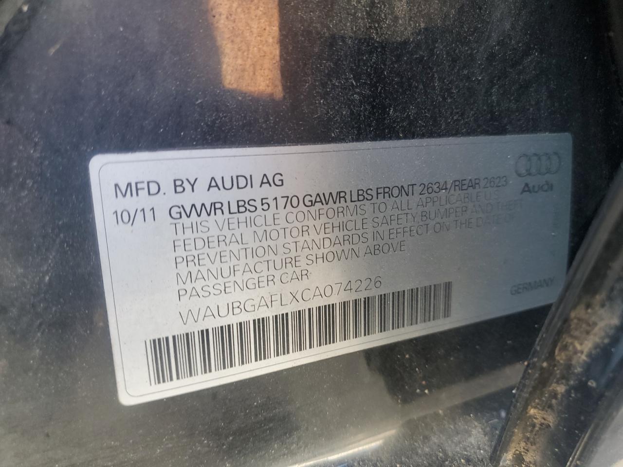 2012 Audi S4 Premium Plus VIN: WAUBGAFLXCA074226 Lot: 62408225