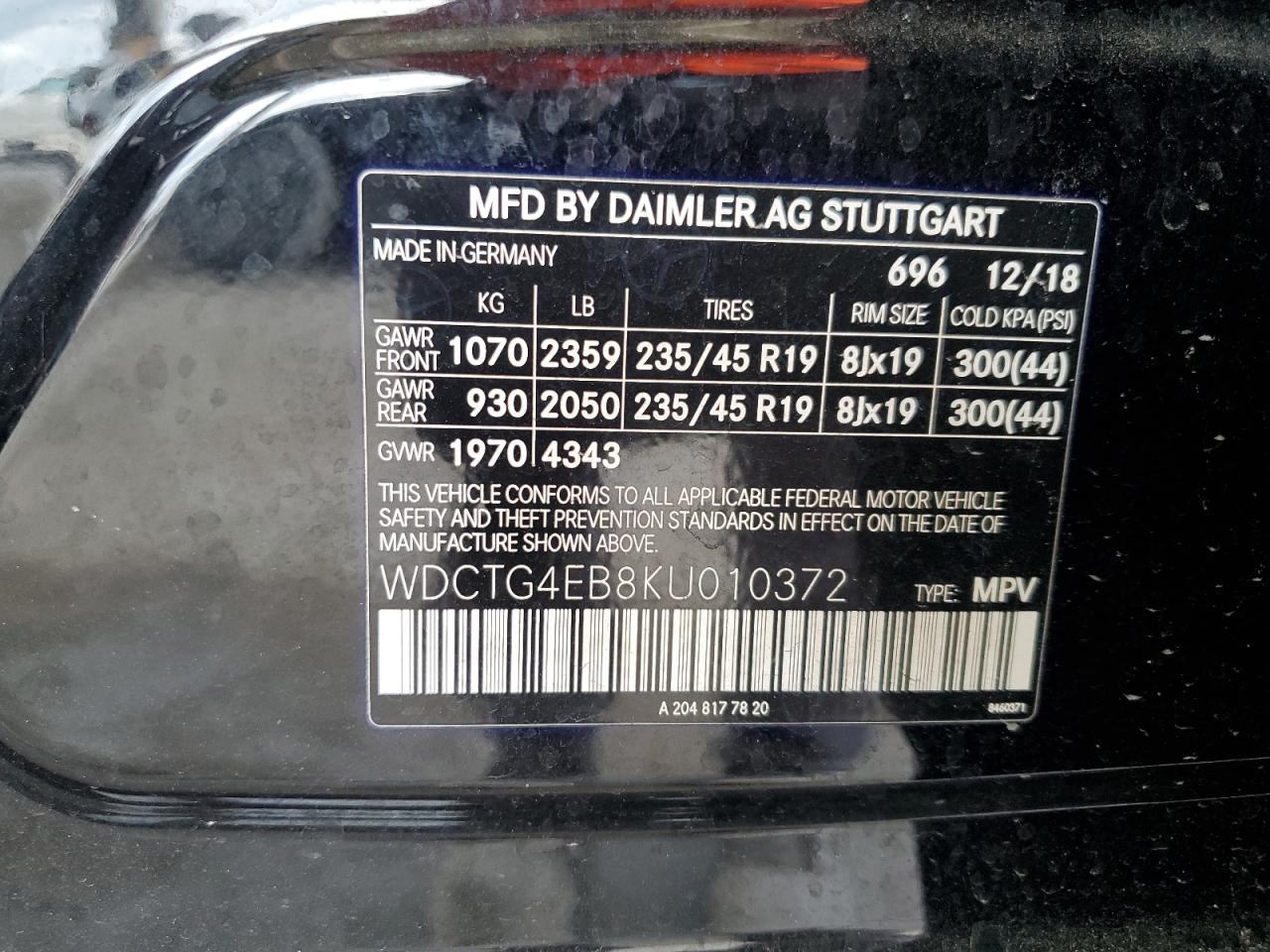 2019 Mercedes-Benz Gla 250 VIN: WDCTG4EB8KU010372 Lot: 60109705