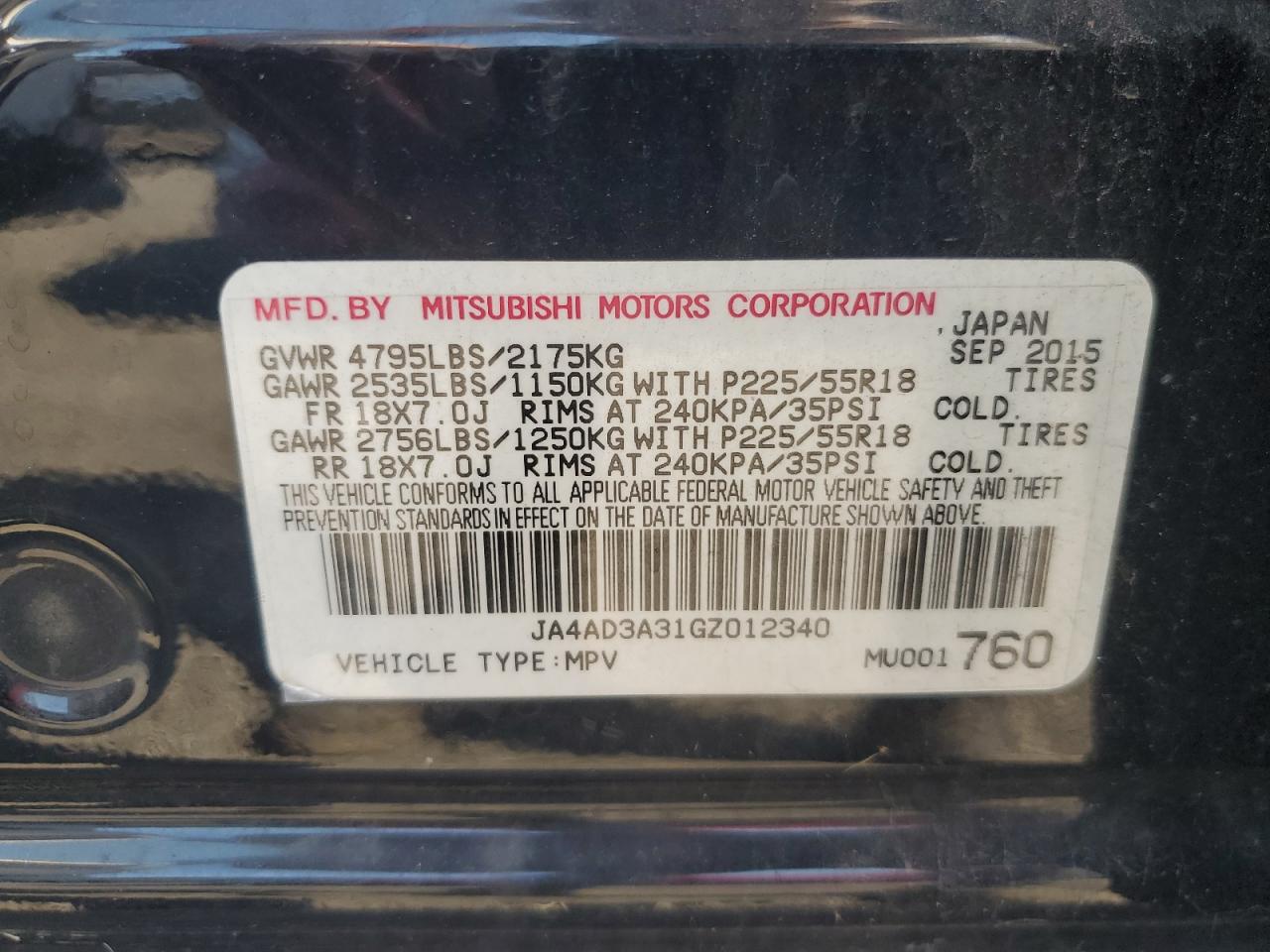 MITSUBISHI OUTLANDER 2016 VIN JA4AD3A31GZ012340 фото 13