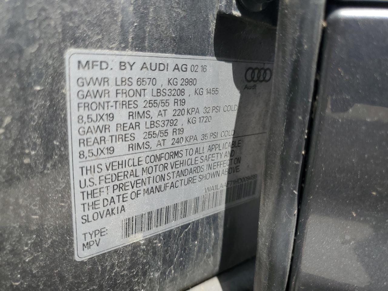 2017 Audi Q7 Premium Plus VIN: WA1LAAF71HD009499 Lot: 62099145