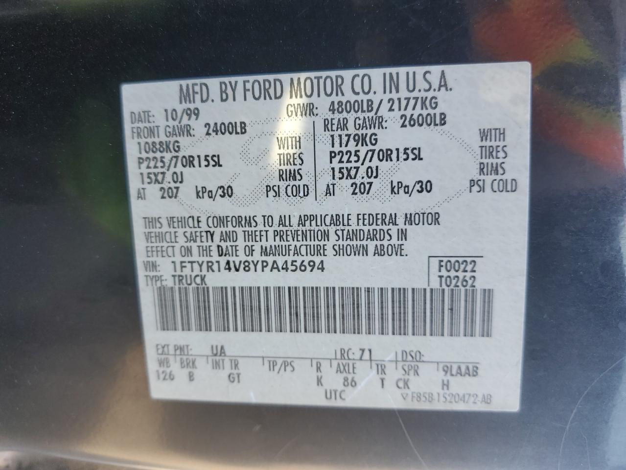 2000 Ford Ranger Super Cab VIN: 1FTYR14V8YPA45694 Lot: 62358985