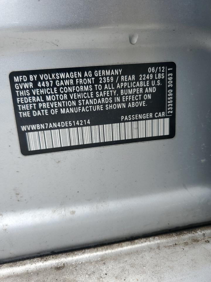 2013 Volkswagen Cc Sport VIN: WVWBN7AN4DE514214 Lot: 61075275