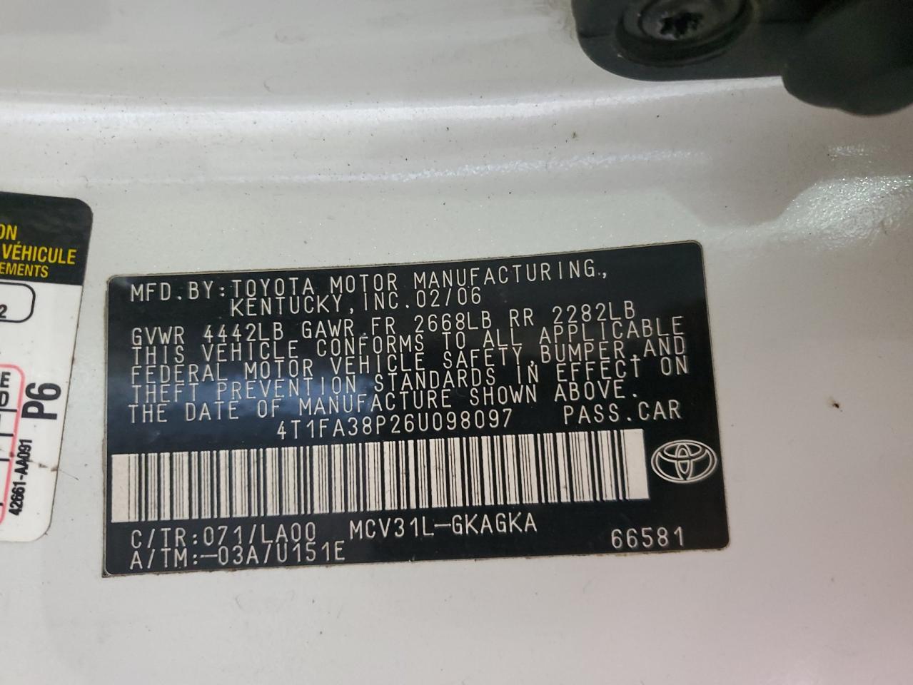 2006 Toyota Camry Solara Se VIN: 4T1FA38P26U098097 Lot: 62849745